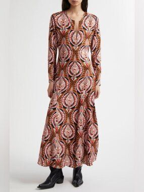 NEW Farm Rio Brown Pineapple Jewelry Midi Dress LongSleeve zip up